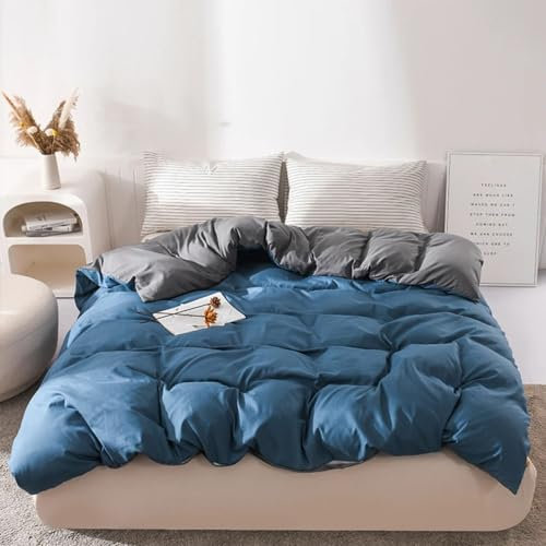 Bettbezug Marineblau und Grau Wende-Bettbezug Schlichter Stil Bettwäsche 135x200 Im Japanischen Stil für Kinder Jungen Mädchen Erwachsenenzimmer Moderner Einfarbiger Bettbezug für Zuhause Super K