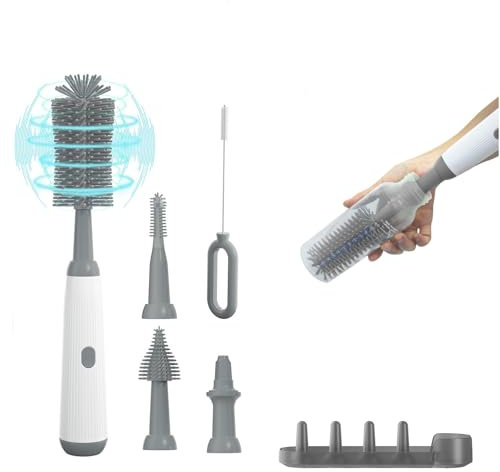 Electric Baby Bottle Brush Cleaner with Extended Handle & Drying Holder, Baby Bottle Brush Set with Silicone Bottle/Nipple/Crevice/Brush,Straw Cleaner,Lifesaver Automatic Bottle Cleaner,Gray