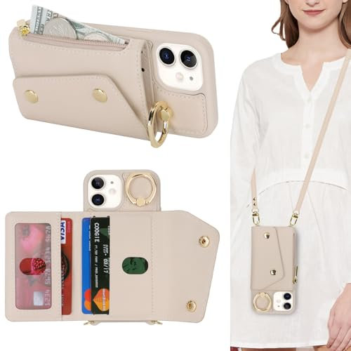 Lipvina Hülle für iPhone 12 Mini Hülle mit Band Kartenhalter handyhülle Hülle für iPhone 12 Mini mit Reißverschluss Band Ring Ständer Case für Frauen - weiß