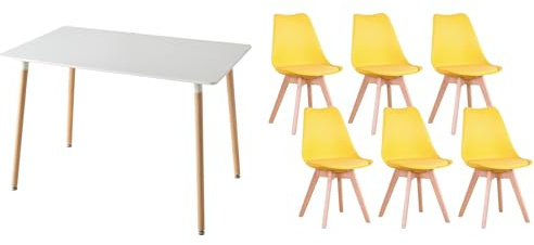 GrandCA HOME Esszimmergruppe mit 6 Stühlen, Essgruppen-Set mit 6 Esszimmerstühlen und Esstisch, für Wohnzimmer, Küche, Büro, (6 Gelb Stühle + 1 Weiß Tisch)