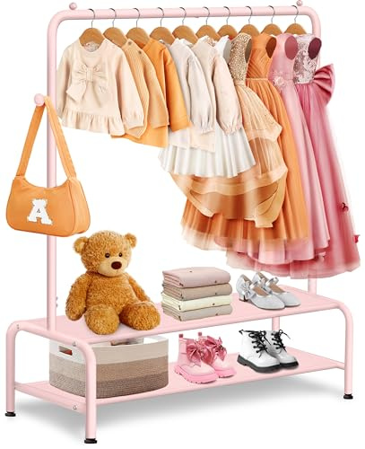 mirolam Kids Clothing Rack - Dress Up Storage - Dress Up Rack for Little Girls - Small Kids Costume Wardrobe with 2 Fabric Shelves - Princess Room Bedroom Decor