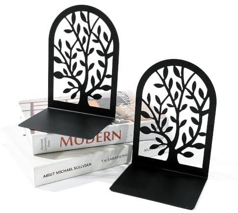 Tree of Life Book Ends - Black Tree Decorative Bookend, Heavy Duty Metal Bird on Tree Books Stand for Desktop Shelf Decor, Home Office Supplies Gifts, Non-Skid Book Support Stopper (1, Black B277)