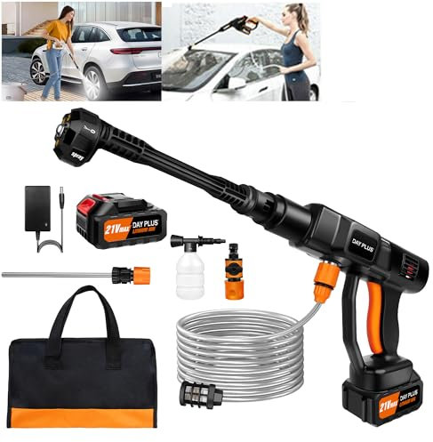 Brushless Cordless Pressure Washer for Patio and Car, 1 x 21V 3.0Ah Battery, Fast Charger, 45 Bar Portable Power Washer Gun with 6-IN-1 Nozzle and 16FT Hose, Carry Bag