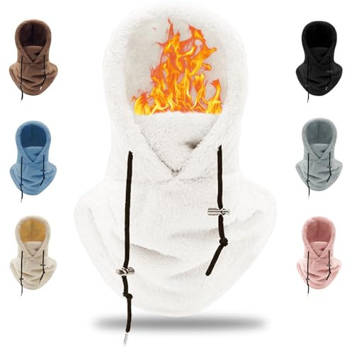 crazy bean Mütze Fleece Winter Sturmhaube Warme Kapuzenschal 2 in 1 Winddicht Hut mit Wolle-Futter para Ski Cycling(Weiß)