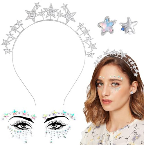 Sterne Haarreif Silber,Sterne Stirnband Glitter Gesichtstattoo Sterne Ohrringen Sterne Strass Haarband Haarschmuck Stern Kostüm Damen Karneval Hochzeit Geburtstag Party kopfschmuck Frauen Mädchen