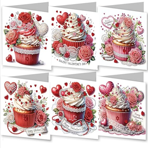 Awesocrafts 6pcs Diamond Art Christmas Cards Kits Happy Valentines Day, DIY Diamond Painting Cards Sets, 5D Diamond Art Cards with Envelopes, Postcards for Handmade, Xmas 30 * 15cm (Cake)