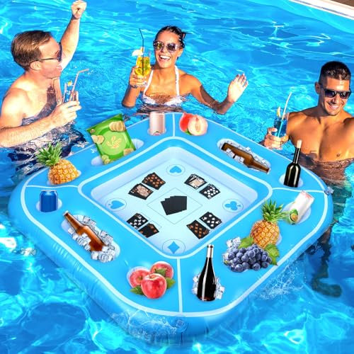 40inch Large Floating Games Table for Pool with Waterproof Playing Cards Inflatable Card Table Tray Food Pool Float Drinks Holder Containers Floating Swimming Game for Adult Beach Summer Party Hot Tub