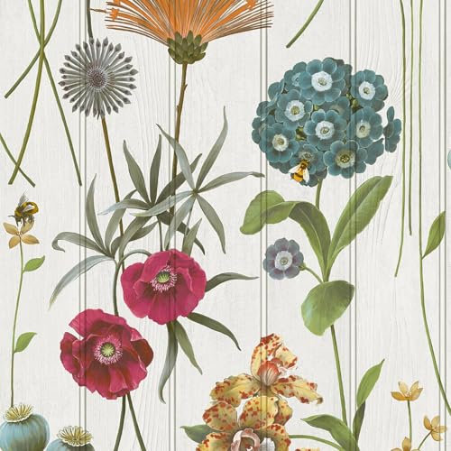 Botanist Floral Flower Themed Wallpaper on Wood Panel Effect Background Perfect for Dining Rooms, Bedrooms, Cottage Style White Belgravia 4770