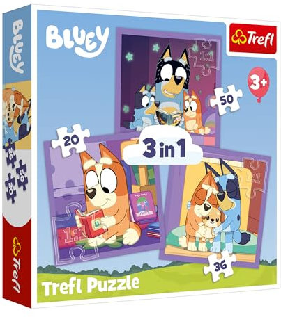 Trefl - Bluey, Lernen Sie Bluey kennen – 3-in-1-Puzzle, 3 Puzzles, 20 bis 50 Teile – Verschiedene Schwierigkeitsgrade, Unterhaltung für Kinder ab 3 Jahren