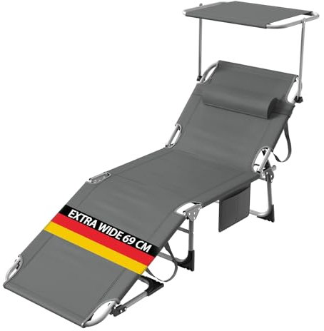 Sonnenliege mit Dach & Kopfkissen, Liegestuhl - Extra Breit - mit Verstellbarer Rückenlehne & Seitentasche, Gartenliege leicht, Strandliege Tragbar für Pool, Garten, Hochwertige Stoffe, Anthrazit