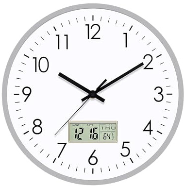 ATEK 12 Inch Silent Wall Clock with Date & Temperature, Battery Operated