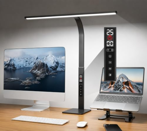 Desk Lamp with Clock & Pomodoro Timer: 1600LM, 5 Colour & 5 Brightness | Metal Base, 1H Auto-Off Function, Eye Caring Design, Adjustable Height/Direction, for Home Office Study Reading Work