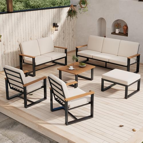 Merax Gartenmöbel-Set Garten-Loungesessel-Set 3-Sitzer-Sofa, 2-Sitzer-Sofa, 2 Sessel, Couchtisch & Fußhocker,Tischplatte, verzinkter Stahl, Outdoor Lounge Set für Garten, Terrasse, Balkon, Beige