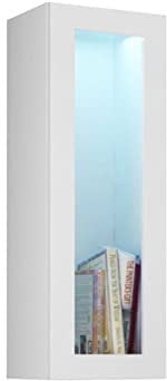 Hängevitrine Vigo Glas 90, Vitrinenschrank, Grifflose Öffnen, Farbauswahl, Stauraumvitrine Hochschrank, Wohnzimmer Highboard, Schrank, Vitrine (mit Blauer LED Beleuchtung, Weiß/Weiß Hochglanz)
