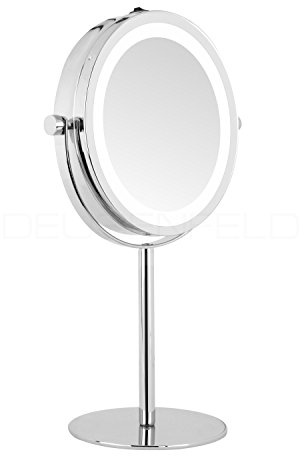 DEUSENFELD SL5CB - Batterie LED Doppel Stand Kosmetikspiegel, 5X Vergrößerung + Normalspiegel, Ø17,5cm, 360° horizontal schwenkbar, 35 SMD Tageslicht LEDs, Hochglanz verchromt