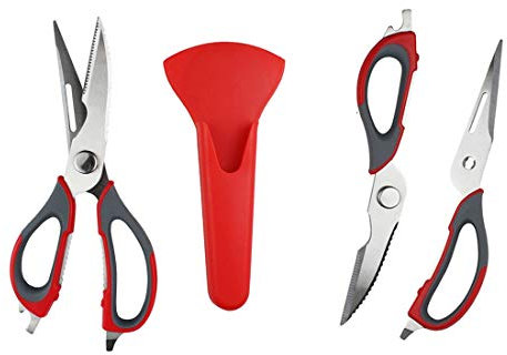 Forbici multifunzione da cucina, 7 in 1, in acciaio INOX resistente, con supporto magnetico, rimovibile per la casa, per tagliare pollame, ossa, verdure, frutta e frutti di mare (rosso)