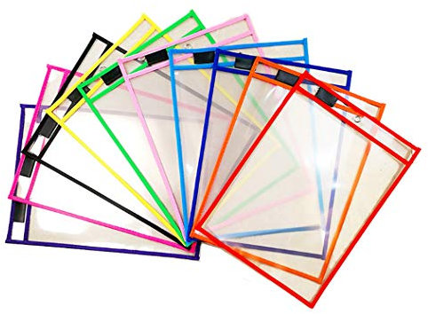 Hillento Satz von 10 trocken abwischbaren Tasche, Übergröße 10 x 14 mehrfarbig trocken abwischbaren Hülsen, wiederverwendbar und Klarsichthüllen, Stil B, mit schwarzen Federkasten
