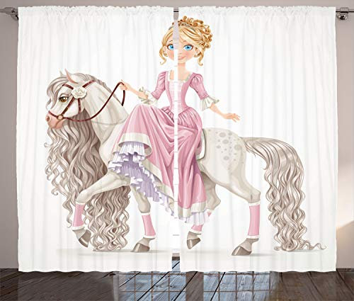 ABAKUHAUS Feminin Rustikaler Vorhang, Prinzessin auf weißem Pferd, Wohnzimmer Universalband Gardinen mit Schlaufen und Haken, 280 x 225 cm, Rosa