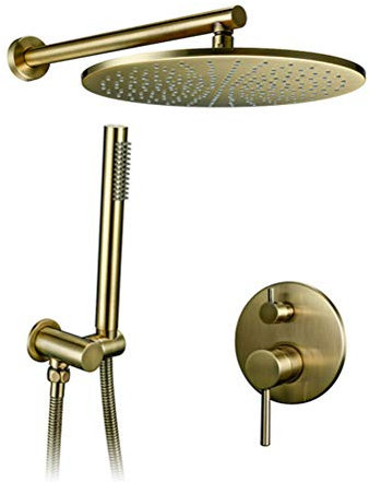 WYH Duscharmatur Unterputz Set, Massivem Messing Badezimmer Runde 8-12 Duschkopf Luxus Duschmischer Gold Gebürstet Duschsystem Regendusche Mixer Mit Handbrause Und Duschschlauch Set, 10inch