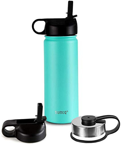 SUNTQ Borraccia in Acciaio Inossidabile per Vuoto Isolato - Coperchio Extra - Thermos per beuta Rivestito in Polvere con Bocca Larga con Cannuccia, Turchese, 532ml