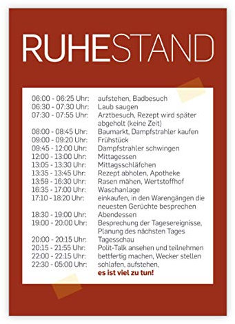 Kartenkaufrausch Lustige moderne Rentenkarte: Keine Zeit für Ruhestand mit Tagesablauf • fröhliche Grußkarte zum Abschied für Kollegen, Freunden, Familie zur Pensionierung