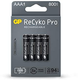 GP ReCyko Pro Wiederaufladbare Batterien 800 mAh AAA Batterien Vorgeladene Akkus | Massiver Lebenszyklus | Hervorragende Leistung | Umweltfreundlich - 4 Stück