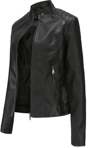 Hiseng Veste Simili Cuir Femme,Noir PU Femme Manteau de Moto Court et Décontracté, Manche Longue Veste Chic et Elegant,Printemps Automne Hiver Zipper Simili Cuir Blouson-S
