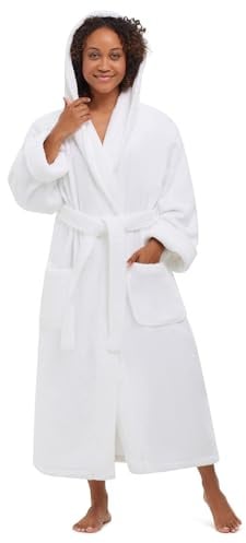 Monarch Hooded Terry Shawl Collar Bathrobe for Men and Women (White,Medium)