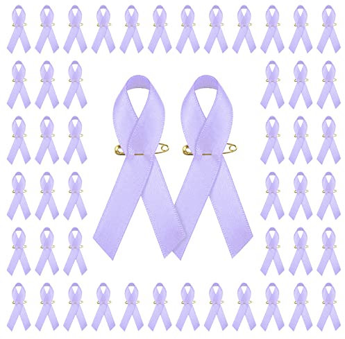 WANDIC 100 Stück Flieder Schleife Bewusstsein Satin Pins Pfleger Bewusstsein Pflege Infantile Krämpfe Vulvar Cancer Awareness Ribbon Pin Lavendel Brosche mit Sicherheitsnadel