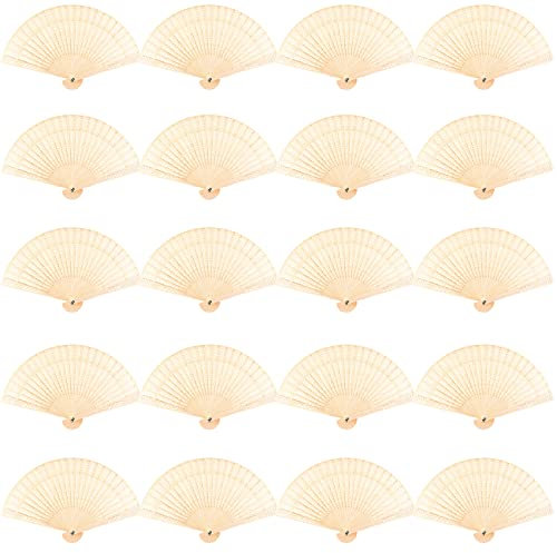 FEPITO 20 Pieces Wooden Handheld Paper Fan Wooden Folding Fans with Bamboos for Wedding Gift, Party, Home,