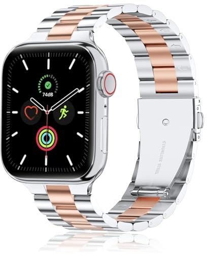 QAZNZ Metall Kompatibel mit Apple Watch Armband 40mm 41mm 38mm 42mm(Series 10), Damen Edelstahl iWatch Bands für Apple Watch Ultra 2/Ultra SE, iwatch Series 10 9 8 7 6 5 4 3 2 1(Silber&Roségold)
