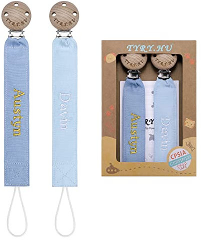 TYRY.HU Schnullerkette mit Namen Jungen Mädchen Personalisierte Schnullerband Holz Clip Baumwolle Schnuller Clips für Neugeboren, 2 Stücke