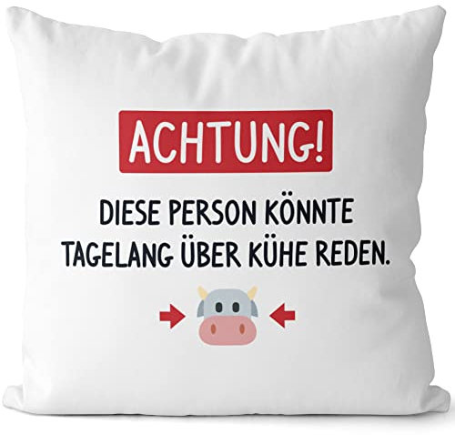 JUNIWORDS Kissen, Achtung! Diese Person könnte tagelang über Kühe reden, Weiß-Dunkelrot, 2-farbig (1005889)