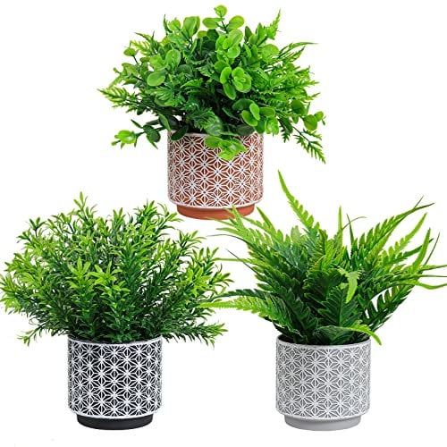 RIDDSEE Artificial Potted Plants 3Pack- Realistic Ferns Plants Plastic Rosemary Plants Potted in Pot Fake Small Eucalyptus Greenery for Office Desk Kitchen Bedroom Bathroom Outdoor Indoor Home Decor