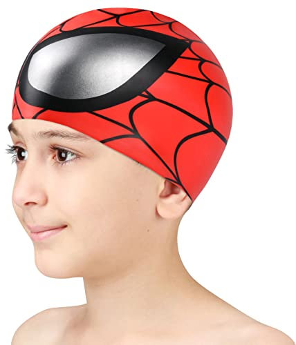 AOMIG Gorro Piscina Niño, Lindos Gorro Natacion Niño de Spider Cómodos y Elásticos, Swimming Cap de Silicona Impermeable e Hipoalergénico, Gorro de Baño para Niñas, Niños para Cabello Largo y Corto