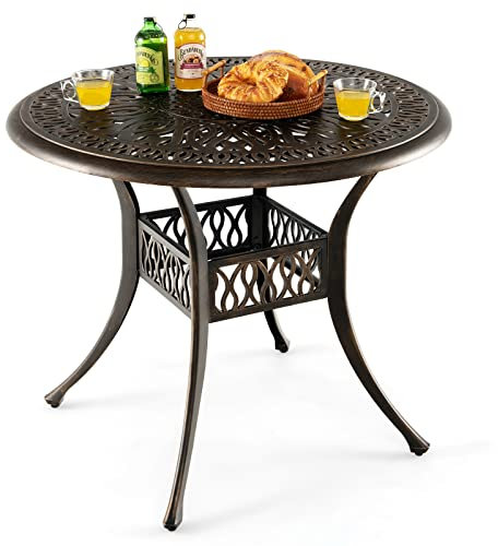 COSTWAY Gartentisch mit Schirmloch, Ø 90 cm, runder Balkontisch aus Aluminiumguss, wetterfester Terrassentisch für Garten, antike Optik, 90 x 90 x 74 cm