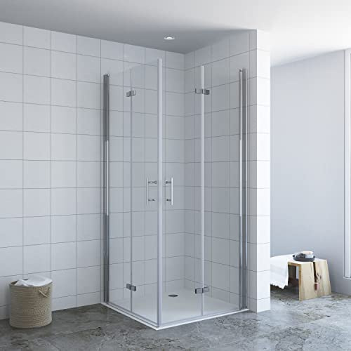 Duschkabine 100x80 x 195 cm Eckeinstieg Falttüren faltbar Glas rahmenlose Eckdusche ecke Glasdusche Drehfalttür Doppeltür klappbar für Duschwanne Bodengleiche Dusche Klarglas 6 mm Nanobeschichtung