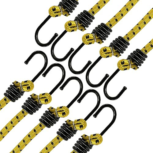 ANSIO Bungee Cords with Hooks 40-100cm Pack of 10 UV-Resistant Elastic Straps Ideal for Securing Luggage, Racks,Camps, Motorcycle, Tarps,Garden Furniture, Hand Truck,DIY Storage Multi-Purpose-Yellow