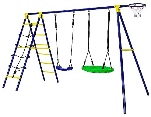 GOPLUS 5 en 1 Balançoire Extérieur avec Portique et Balançoire,Hauteur Réglable, avec Filet d'escalade, Échelle, Panier de Basket-Ball,Aire de Jeux Extérieur pour Cour Arrière,Parc,Charge 75kg