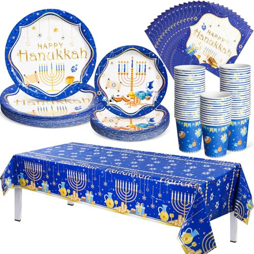 Layhit 97 Pcs Hanukkah Paper Plates and Napkins Set, 24 Guests, Blue and White, Hanukkah Theme, Dinnerware