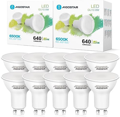 Aigostar -Bombilla LED 8W GU10, Luz blanca fría 6500K, 640lm, Esmerilada, no regulable - 10 unidades