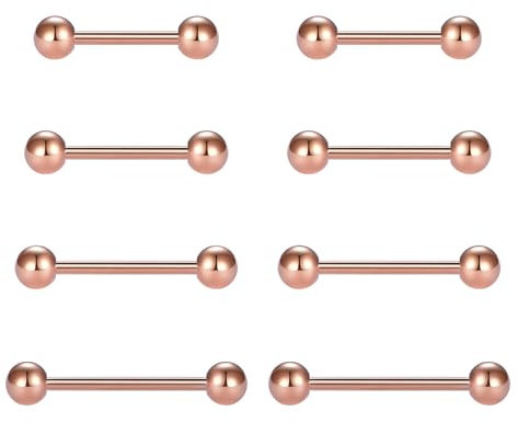 FECTAS 8 Pièces Barre de Langue Bijoux Piercing 14G 12mm 14mm 16mm 18mm Acier Inoxydable Or Rose