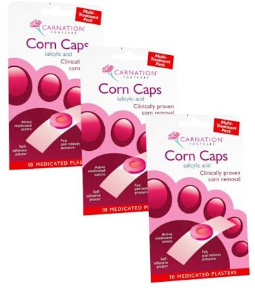 Carnation Footcare Corn Caps x 3 pack, (30 caps in total) all-in-one, Salicylic Acid paste with soft felt corn ring. Relieves pressure and pain. One step application.