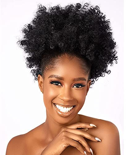 CECINILL Extensions de Cheveux Afro Bouclées, pour Femme, Synthétiques, Courtes, avec Deux Clips (1B)