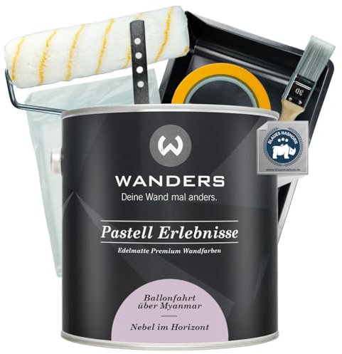 Wanders Pastell Erlebnisse Wandfarbe 2,5L (Nebel im Horizont, Lila) inkl. Streichset Basic – Premium Kreidefarbe, Leichte Anwendung, Hochdeckend, Ultramatt, Perfekt für Heim-DIY