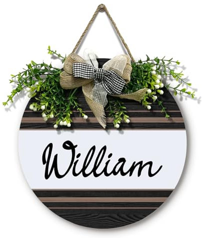 Dacawin Segnali personalizzati per porta d'ingresso con corona Personalizzato Rustico Nome Famiglia Cartello rotondo in legno con fiocco Benvenuto Fattoria Personalizzato Ciao Porta Segno da appendere