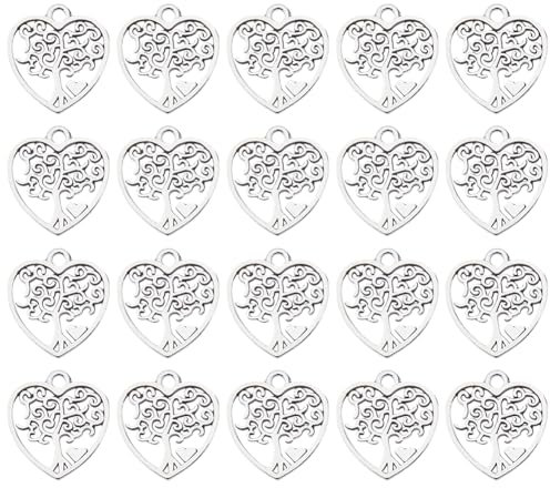 SUNNYCLUE 1 scatola 100 pezzi Ciondolo A Forma di Cuore Albero Della Vita Sfuso Ciondolo Piccolo Albero Amore Argento Tibetano Retrò Pianta Mentale Portafortuna per Creazione di Gioielli Forniture di
