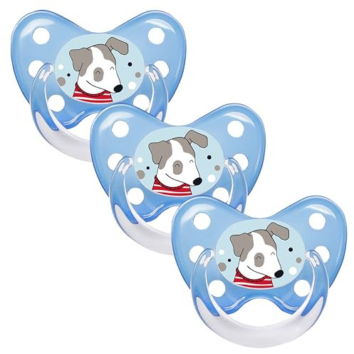 dentistar Silikon Schnuller 3er-Set - Größe 2, 6-14 Monate - Zahn- & kieferfreundlicher Nuckel mit Dental-Stufe – BPA-frei – Made in Germany - Hund, Blau
