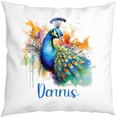LIEBTASTISCH - PFau Kissen - Personalisiert mit Wunschnamen - Kinderkissen - Dekokissen - Tiere - Junge - Mädchen - Geschenk - 40cm x 40 cm Kissen mit Füllung.