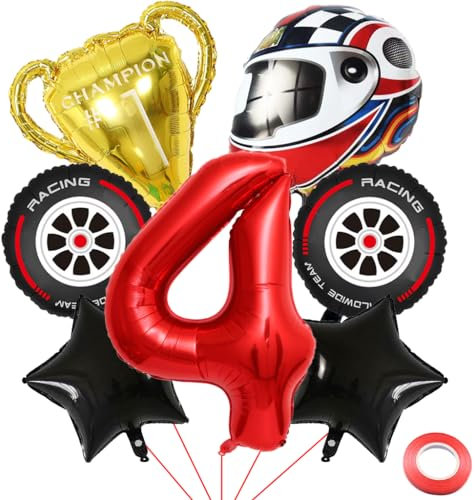 Kawailay 4. Rennwagen Geburtstag Deko Ballons Trophäen Helm Reifen Folienballon Rot Zahl 4 Luftballon für Jungen Geburtstag Party